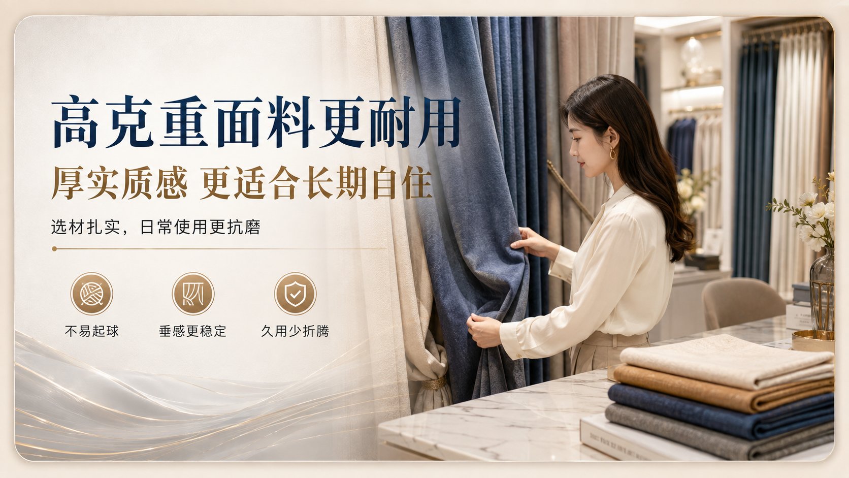家居展厅场景中，一位身穿白衬衫的女性正在触摸深蓝色高克重窗帘面料，展示其厚实质感。前景大理石桌面上整齐叠放着米色、棕色、深蓝及灰色多款布料样品。文案强调面料耐用