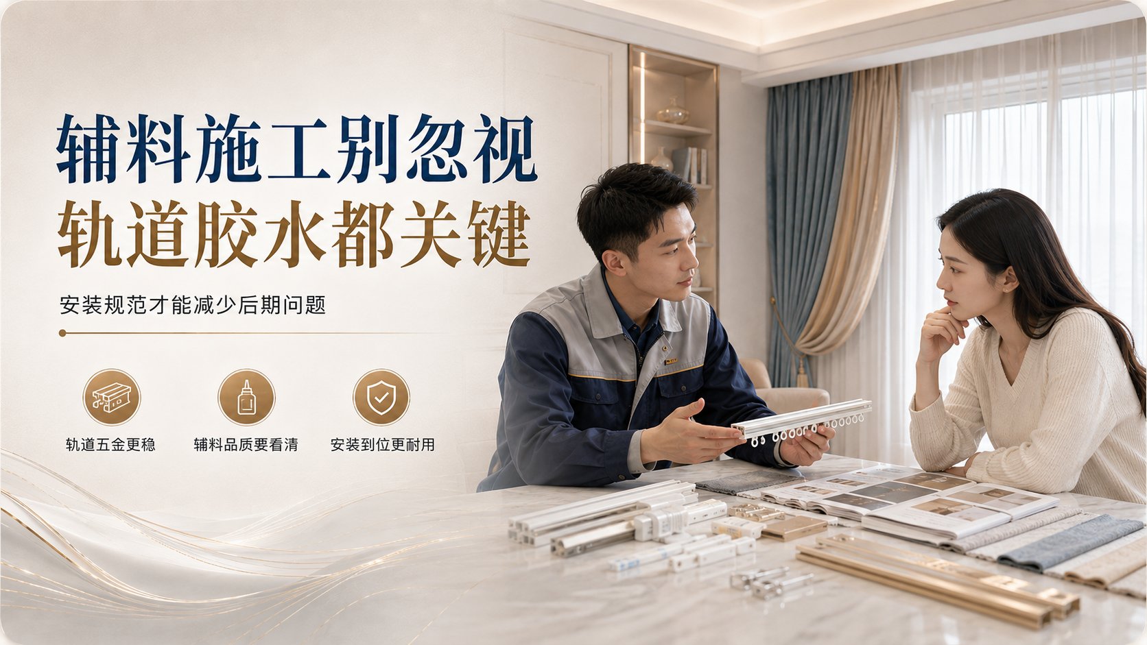 在现代简约的家居展厅内，身穿工装的男士手持白色轨道样品，正向客户详细讲解安装规范。桌面上整齐摆放着轨道五金、色卡及布料样品，背景搭配蓝米双色窗帘。图片强调“辅料